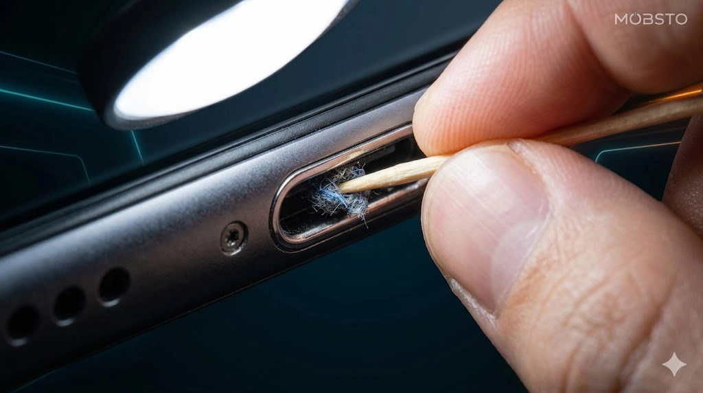نمای ماکرو تند از داخل درگاه شارژ USB Type-C گوشی که با تجمع پرز و گرد و غبار مسدود شده است